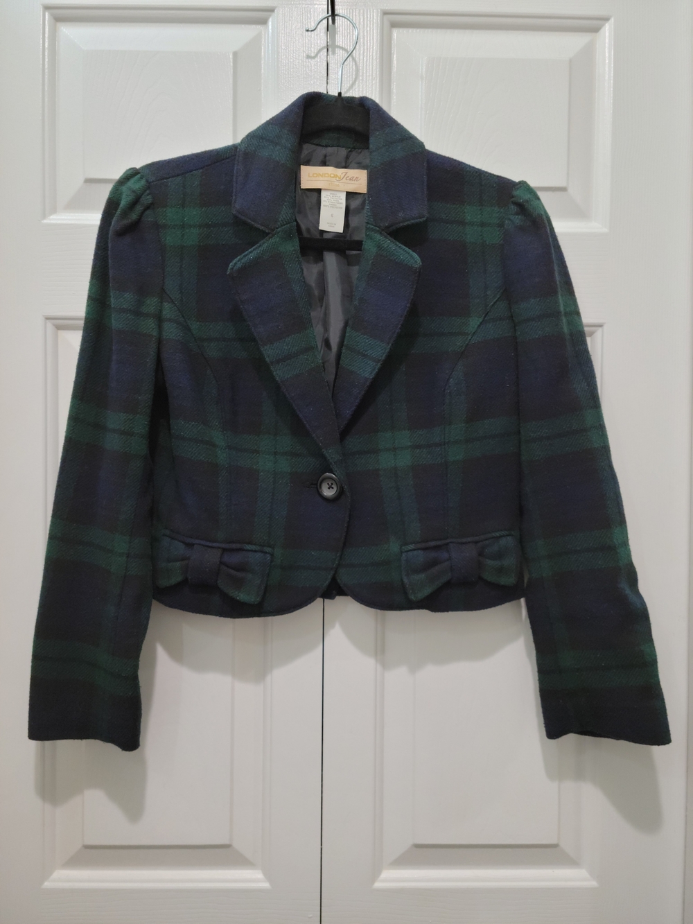 LONDONJEAN For Victoria's Secret Green and Navy Plaid Cropped Bow Blazer
